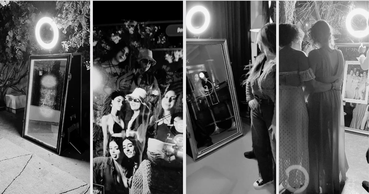 Miroirs photo et groupes d’invités en noir et blanc